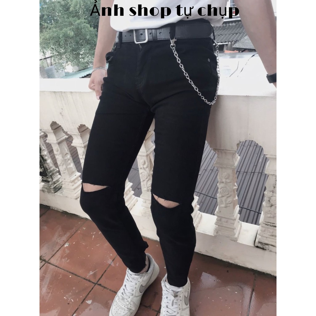 Quần Jean Nam Rách Gối Màu Đen Vải Co Giãn 4 Chiều, Không Phai Màu, Phong Cách Skinny Hàn Quốc- J0 | BigBuy360 - bigbuy360.vn