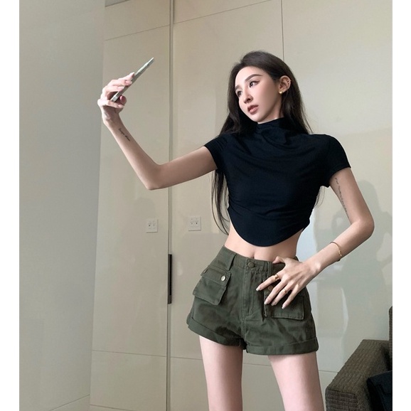 HUANG YOYO Áo thun tay ngắn cổ lọ dáng ôm thời trang mùa hè quyến rũ cá tính cho nữ