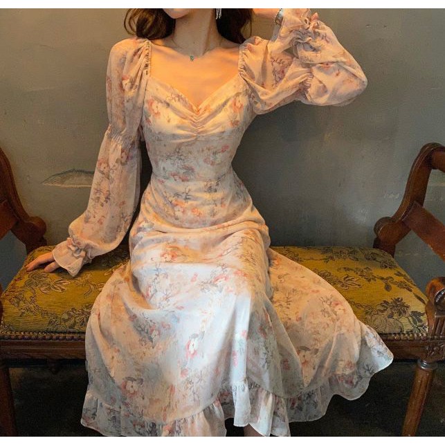 (HÀNG SẴN) Váy voan hoa hồng ngọt ngào cổ vuông dài tay xòe công chúa style kiểu Pháp lãng mạn (HÀNG MỚI 2020) | BigBuy360 - bigbuy360.vn