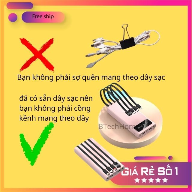 [Dung Lượng Chuẩn, BH 1 Đổi 1] Pin Sạc Dự Phòng 20.000mAh Cục Sạc Dự Phòng Có Sẵn 4 Dây Sạc Iphone Android Xiaomi Type C