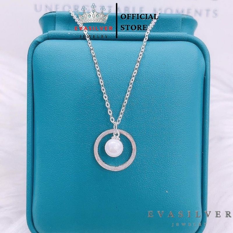 Dây chuyền bạc nữ Evasilver mặt vòng tròn đính ngọc trai bên trong, Vòng cổ chất liệu bạc ta sang trọng