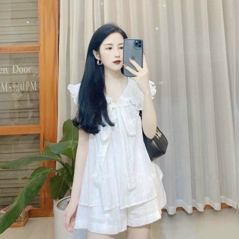 Bộ Đồ Quần Áo Ngủ Cộc Tay Nữ Ren Cổ Tròn Xòe Thắt Nơ Vải Cottton Xinh Mặc Ra Ngoài Ở Nhà Mùa Hè Xuân Thu