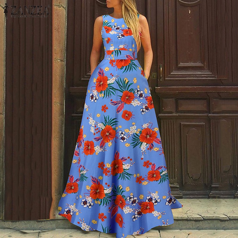 ZANZEA Đầm Dài Dáng Chữ A In Họa Tiết Hoa Kèm Túi Và Thắt Lưng Phong Cách Châu Âu Thời Trang Cho Nữ