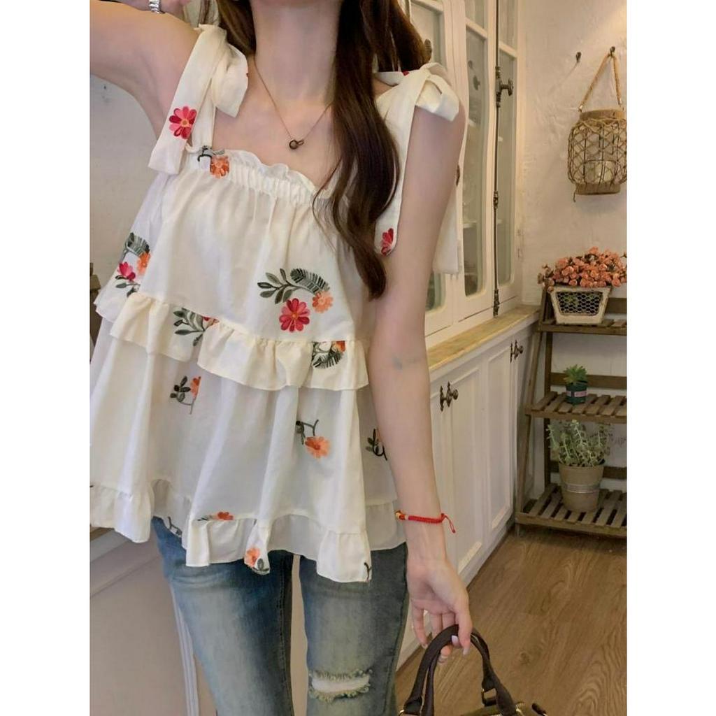 Áo Hai Dây Thêu Hoa Hai Tầng Cổ Vuông - Áo Váy 2 Dây Hoạ Tiết Thêu Hoa Thời Trang Nữ Mùa Hè