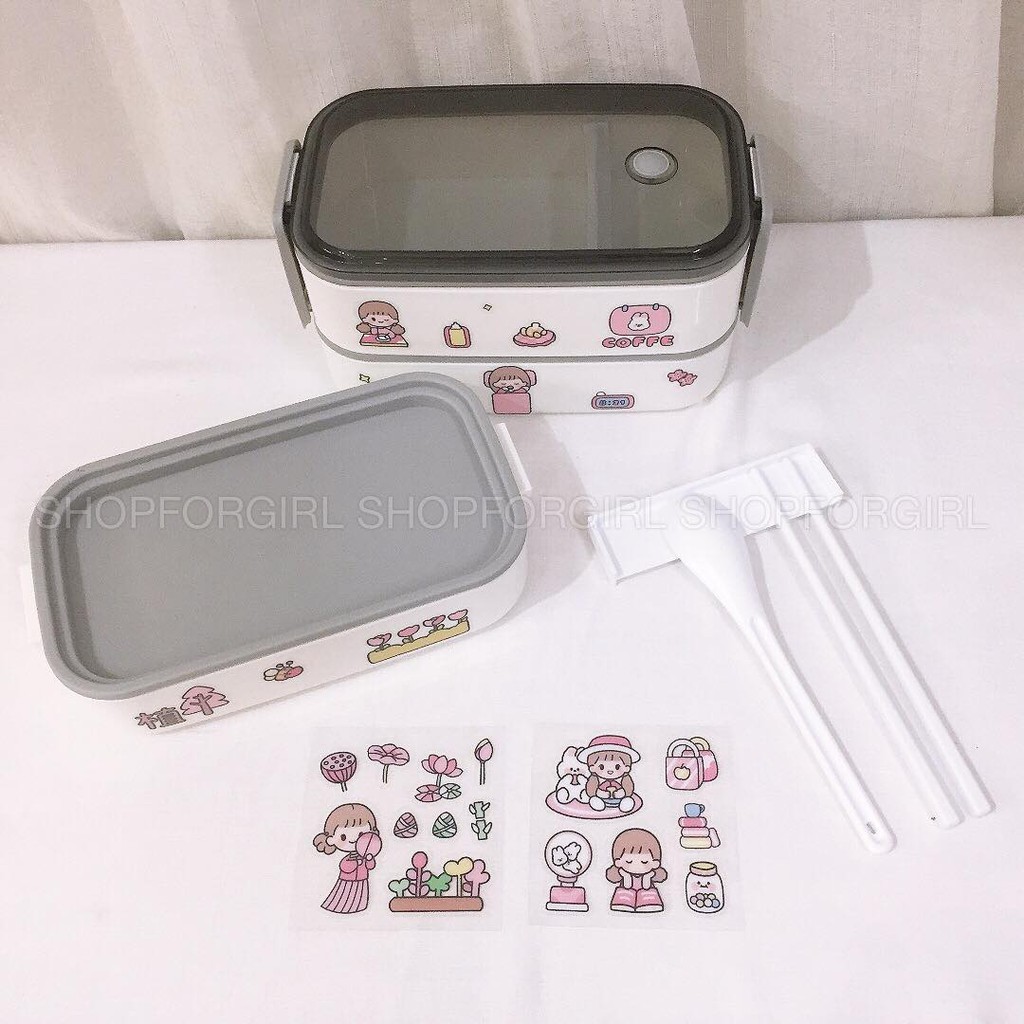 Hộp cơm văn phòng 2 tầng giữ nhiệt tặng kèm sticker siêu cute kèm muỗng đũa - shopforgirl