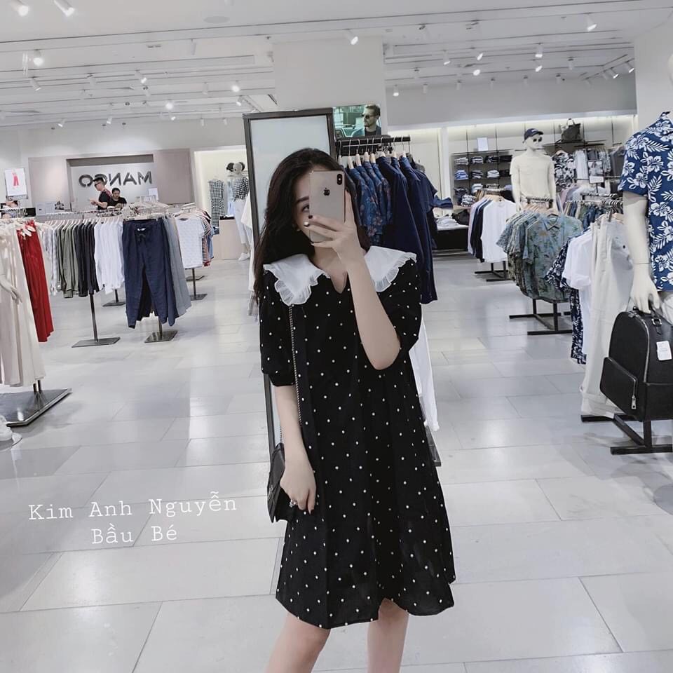 VÁY CHẤM BI ĐEN CỔ BÈO - ĐẦM SUÔNG CHẤM BI CỔ V ULZZANG