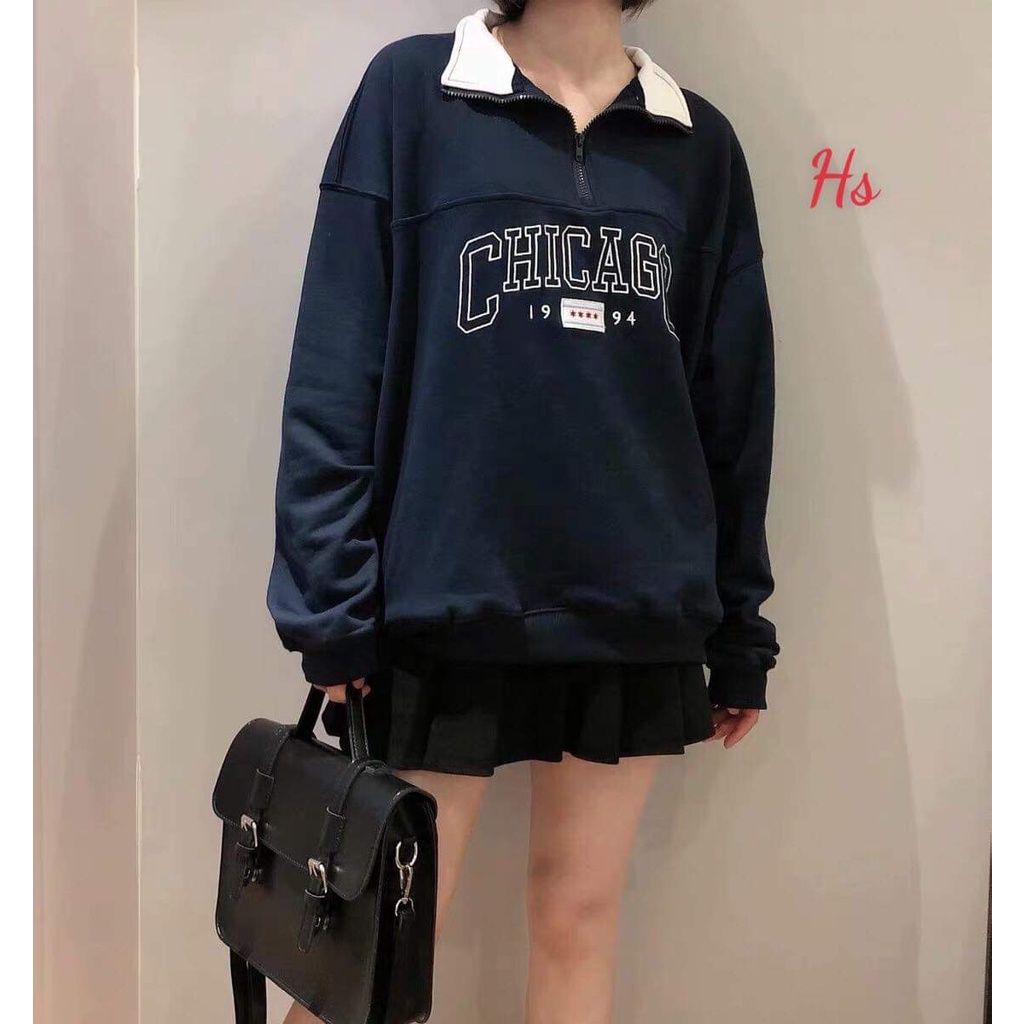 Áo nỉ sweter cổ phối đen trắng, có thể mặc thành cổ bẻ hoặc cổ cao. Có ảnh thật. Có size S-XL