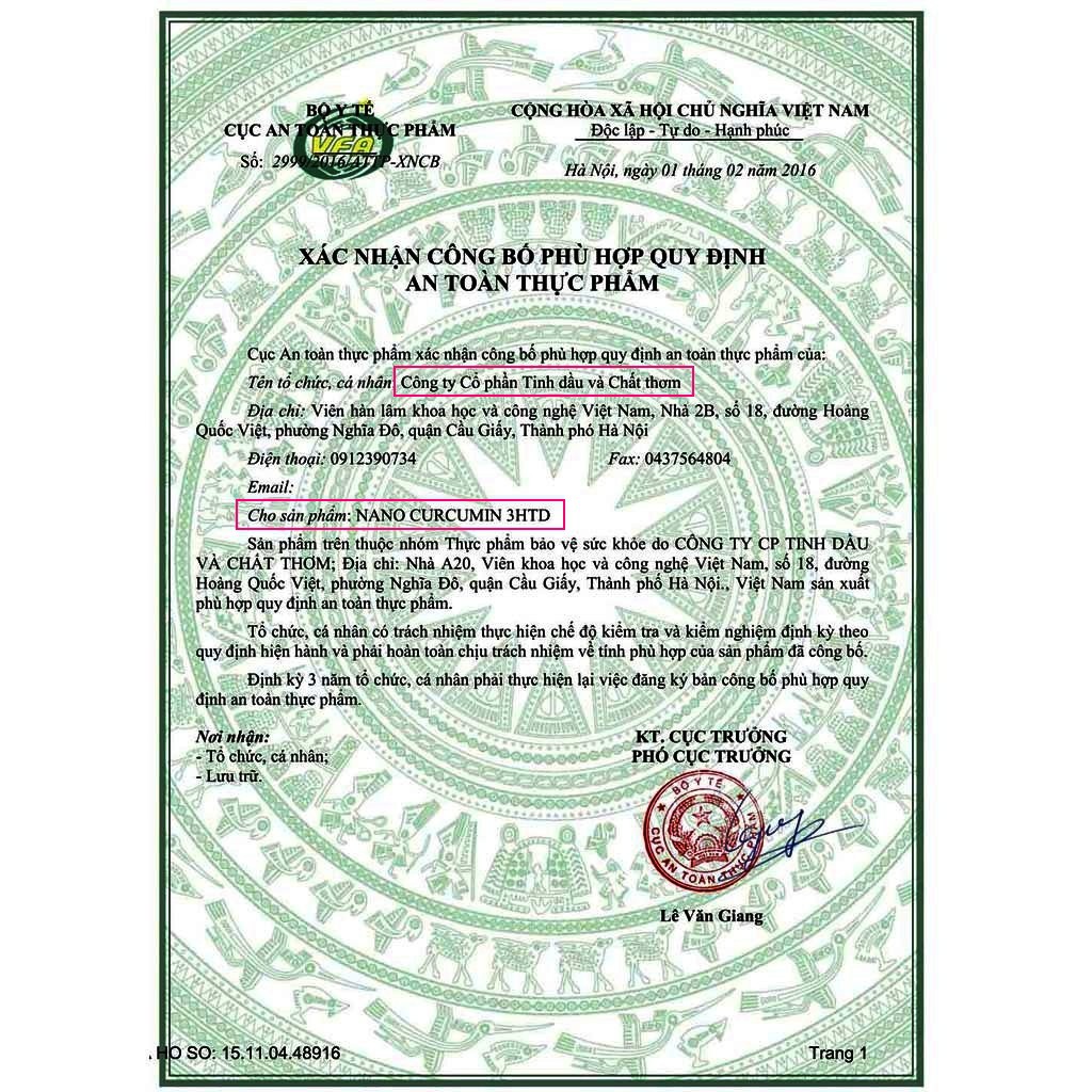 NANO CURCUMIN 3HTD 50G Xuất xứ: Công ty CP Tinh dầu và Chất thơm - Enteroil