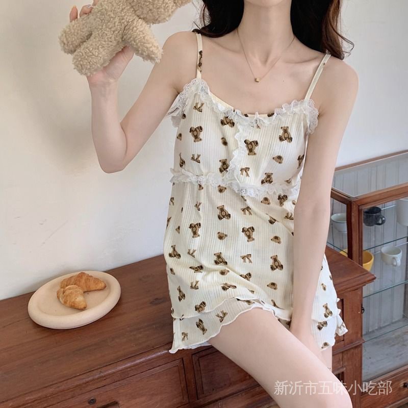 Bộ Đồ Ngủ Áo Hai Dây Phối Chân Váy Ngắn Mỏng Phong Cách Phương Tây Dễ Thương Thời Trang Mùa Hè Cho Nữ
