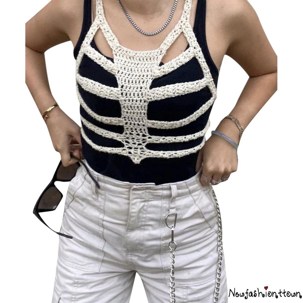 ღtwღY2K Aesthetic Vintage Camisole Gothic Skeleton Bones Knitted Crop Top Hollow Out Cover-ups E-girl Harajuku