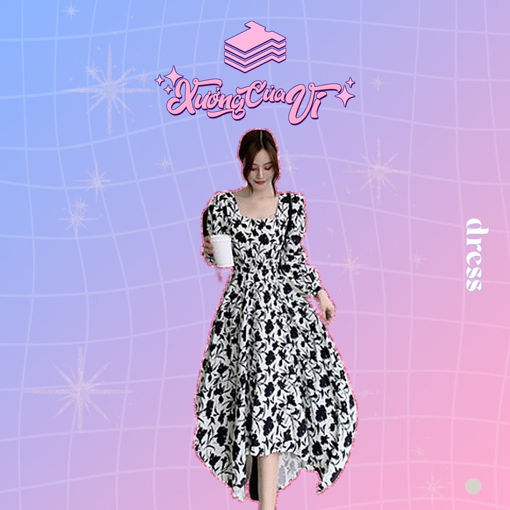 Váy nữ dài hoa nhí vintage dáng xoè tiểu thư phong cách Hàn Quốc vải cotton DD003 Xưởng Của Vi