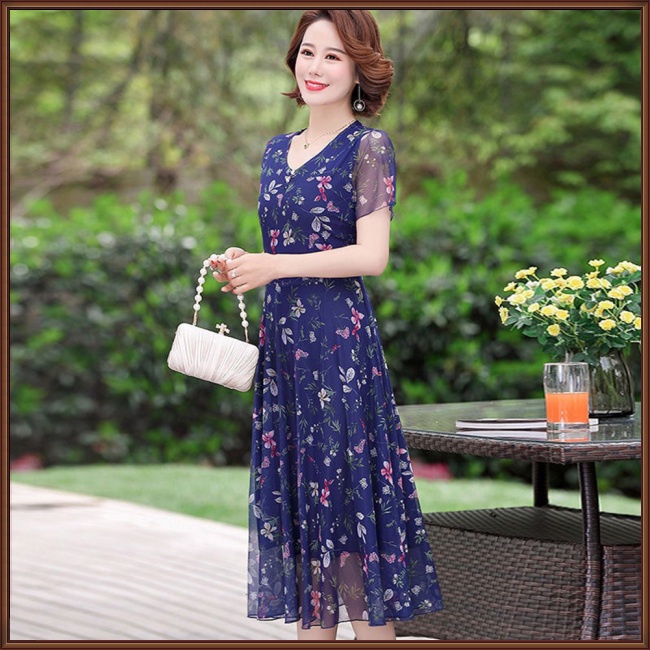 Đầm Tay Ngắn Cổ Chữ V In Họa Tiết Hoa Thời Trang Cho Nữ