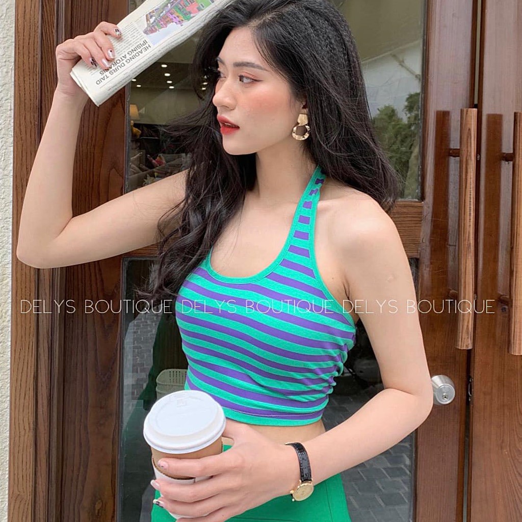 Áo yếm croptop kẻ ngang Delys áo croptop cổ yếm hở lưng