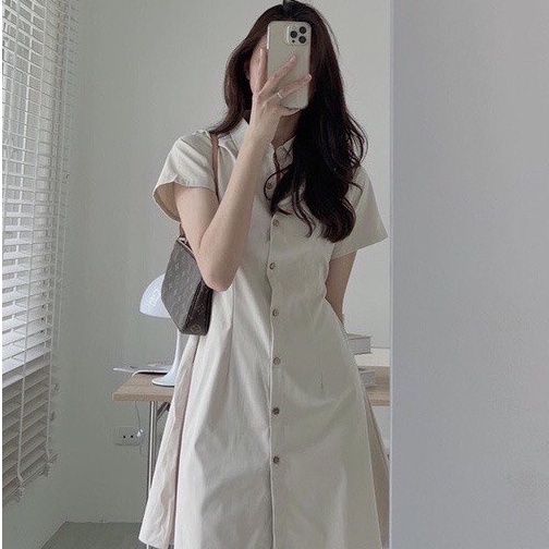 Váy sơ mi nữ basic ngắn tay chiết eo lưng chun chất kaki thô hàng đẹp PANOSI - V282