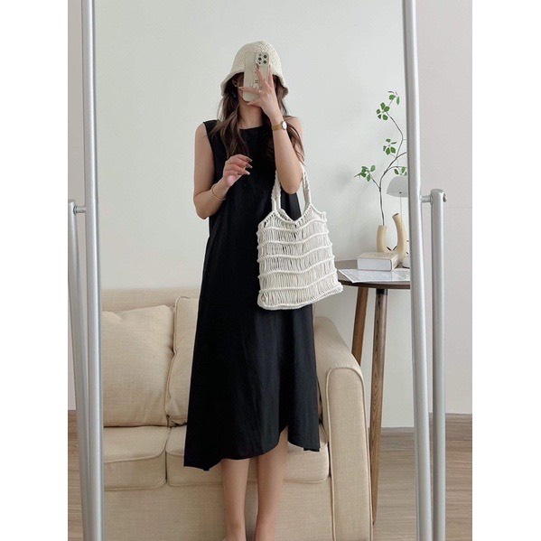 Đầm Sát Nách Đũi Trơn Dáng Dài, Váy suông Ba Lỗ Cổ Tròn