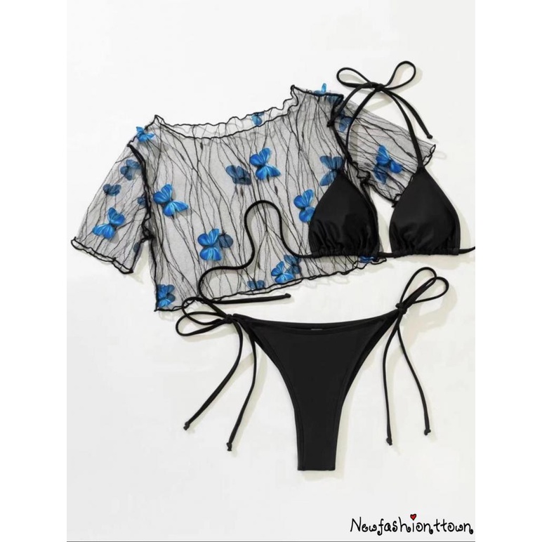 Áo Lưới Mặc Ngoài Bikini Ngắn Tay Họa Tiết Bướm Ba Chiều Gợi Cảm Cho Nữ
