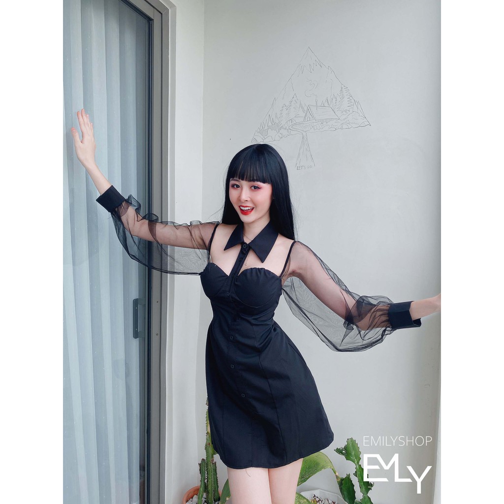 Đầm đen nữ Emilyshop dáng chữ a tay lưới