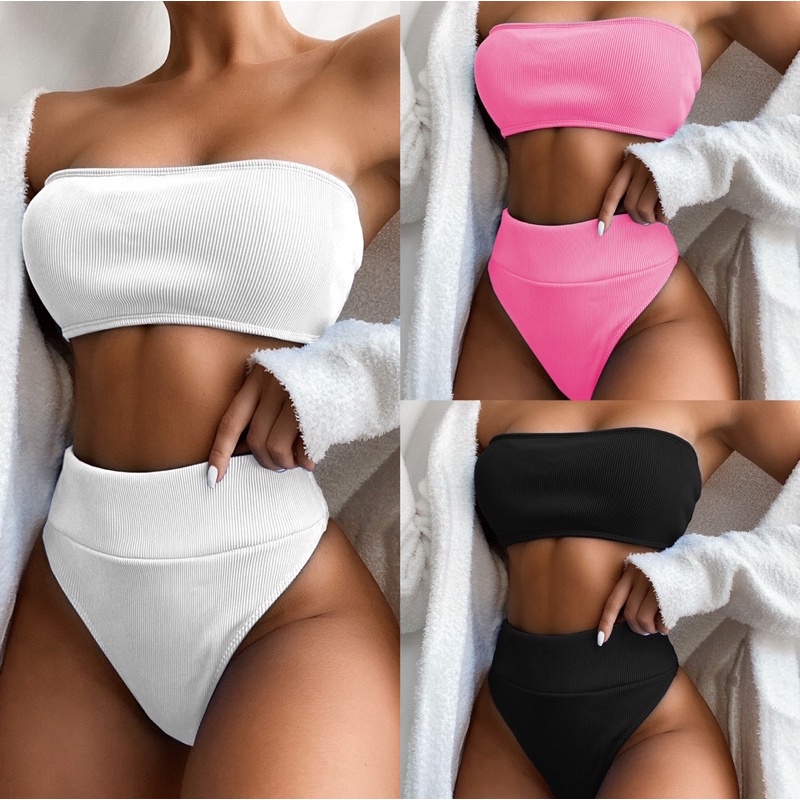 Bikini quây quần cạp cao chất thun gân tube top high waisted bikini