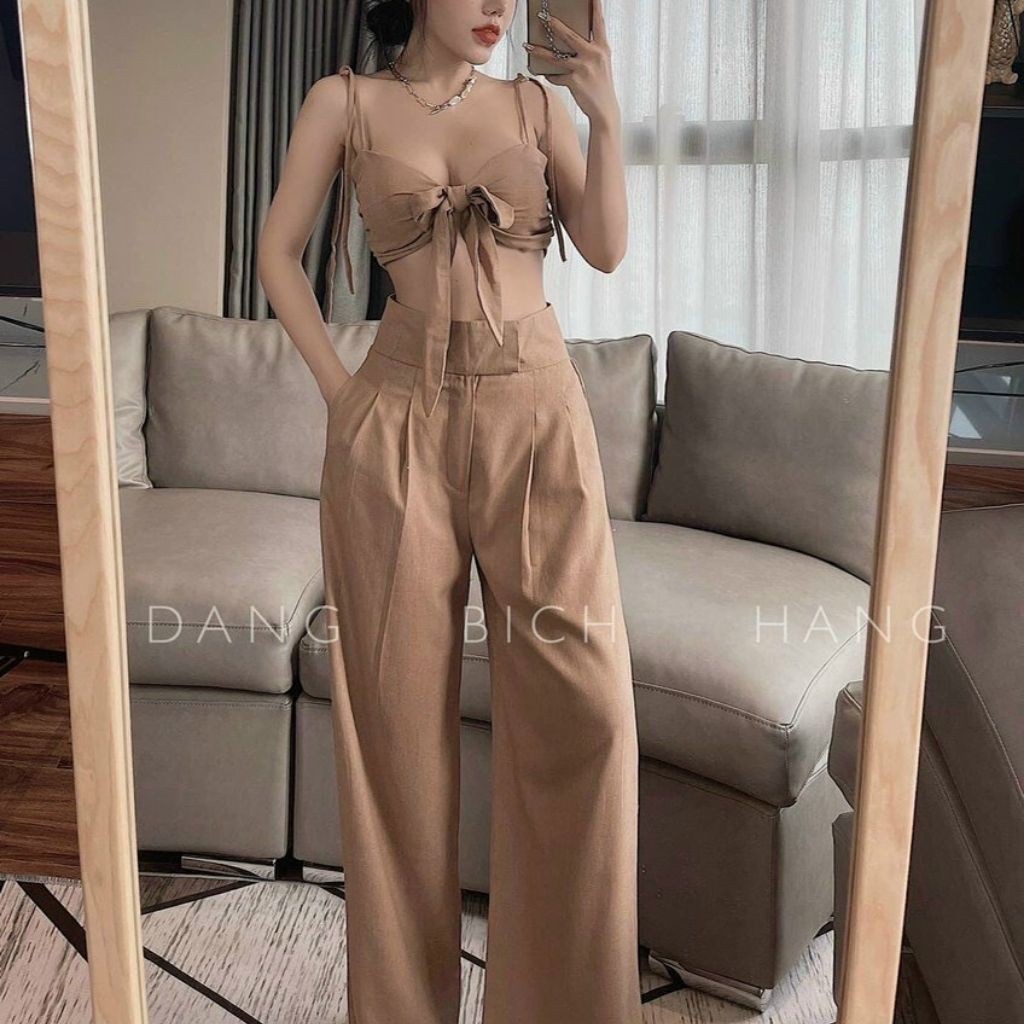 Sét Áo 2s Cúp Ngực Thắt Nơ Trước GenY Kèm Quần Suông Ống Rộng Cạp Cao Siêu Sang Xinh Xịn Mịn | BigBuy360 - bigbuy360.vn