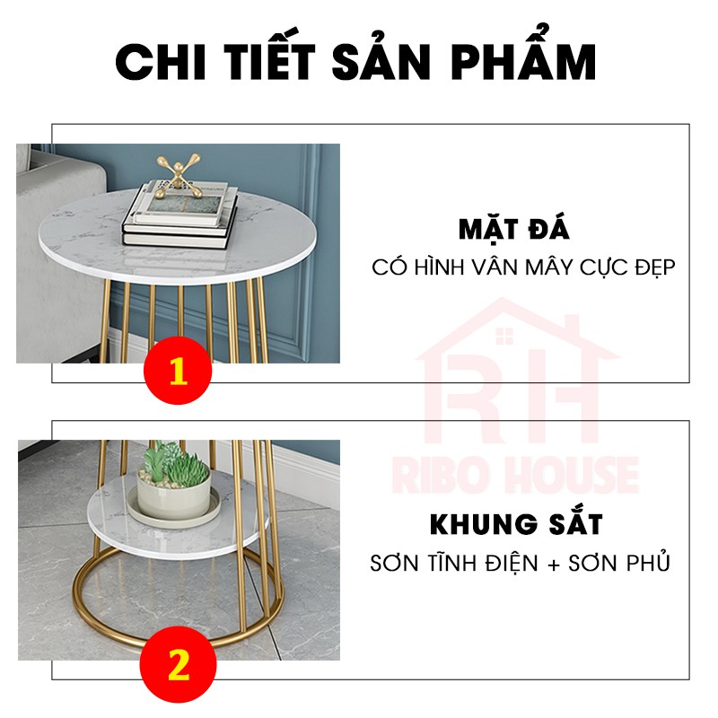 Bàn trà sofa RIBO HOUSE mặt đá tròn hình vân mây khung kim loại sơn tĩnh điện nội thất phòng khách cafe ban công RIBO50