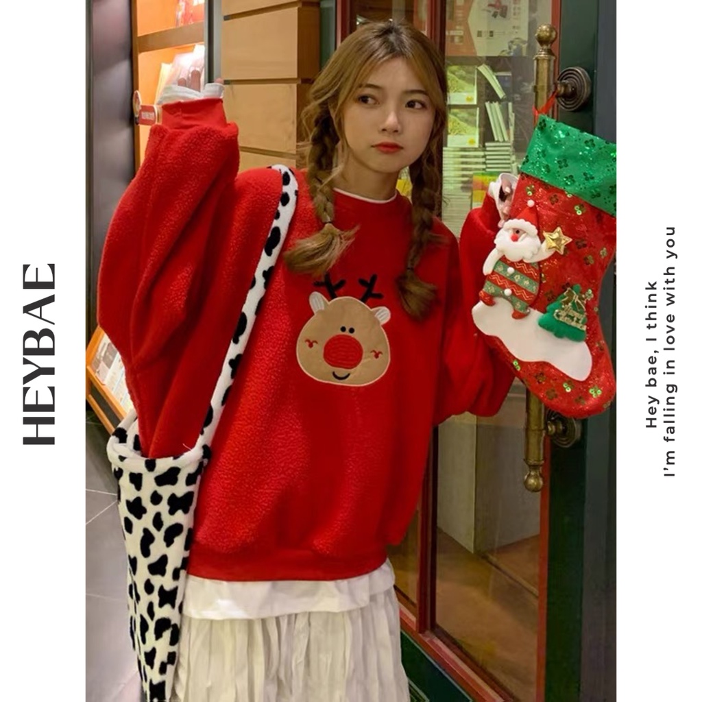 Áo sweater oversize Xmas HEYBAE vải nỉ ngoại dáng rộng hoạ tiết Giáng sinh có mũ dài tay nỉ dày dặn AK052 | BigBuy360 - bigbuy360.vn