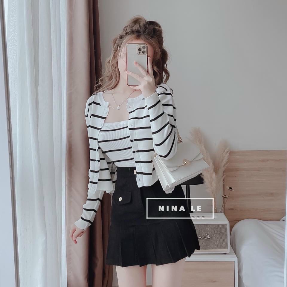 Set 3 món áo 2 dây kèm với áo khoác kẻ ngang cùng tone mix với chân váy vô cùng xinh xắn, dễ thương dành cho các nàng
