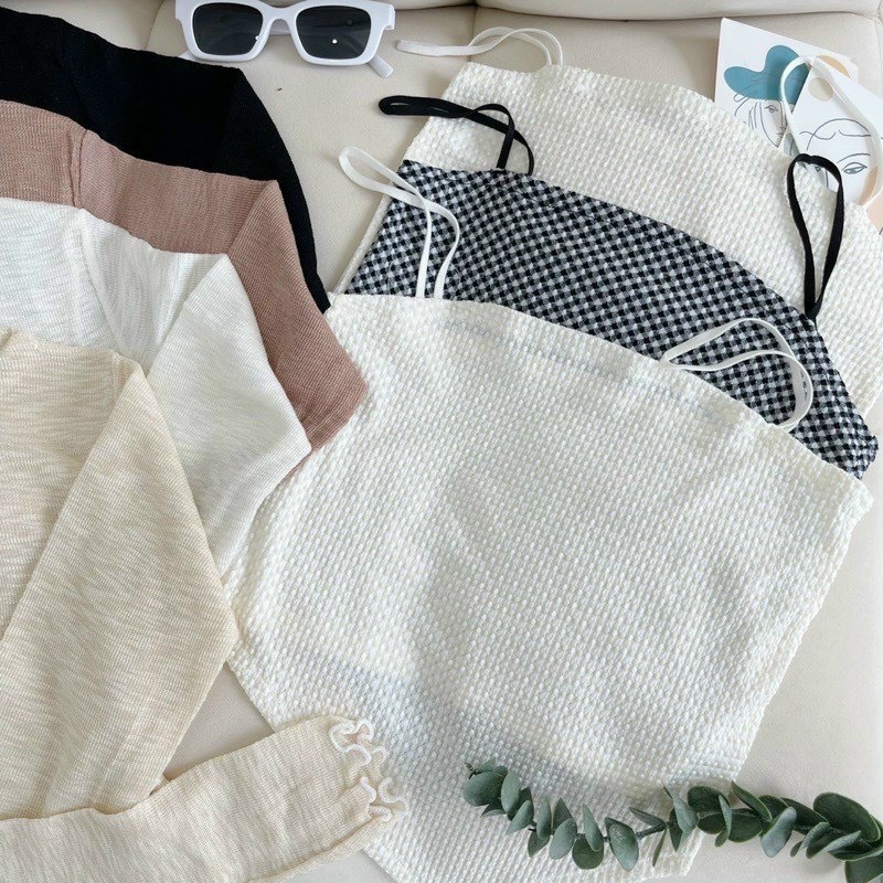 Set áo khoác len cardigan mỏng kèm áo 2 dây thun xốp kiểu dáng croptop cực xinh