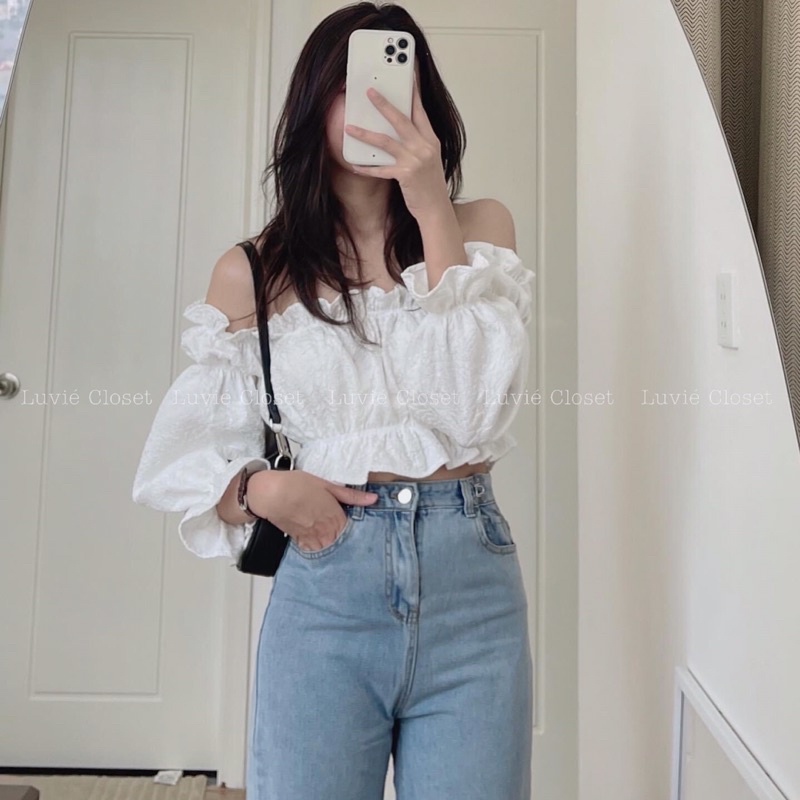 Áo Croptop Tay Dài Trễ Hở Vai Tay Phồng Bồng Tiểu Thư Bánh Bèo Xinh Xắn Dành Cho Nữ