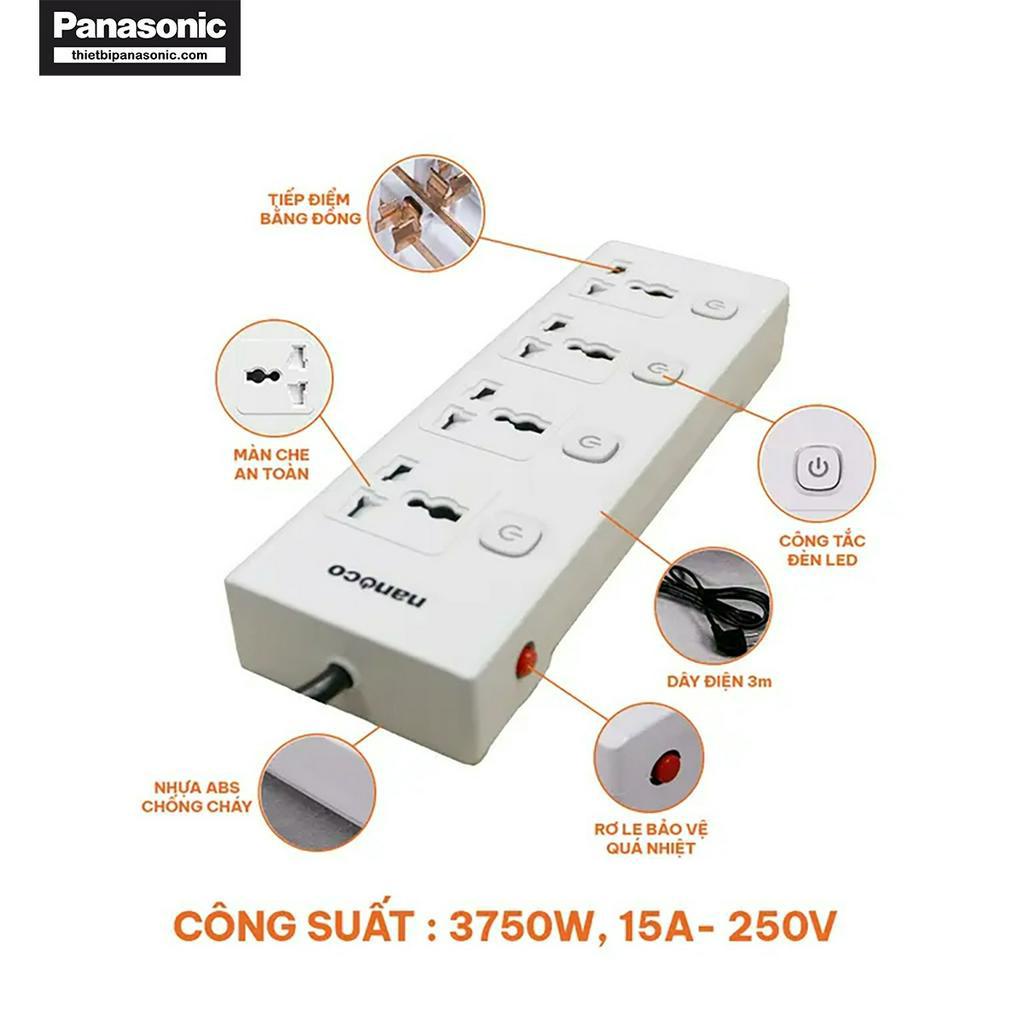 Ổ cắm có dây loại 4 ổ cắm đa năng + 4 công tắc Nanoco  NES43415-3