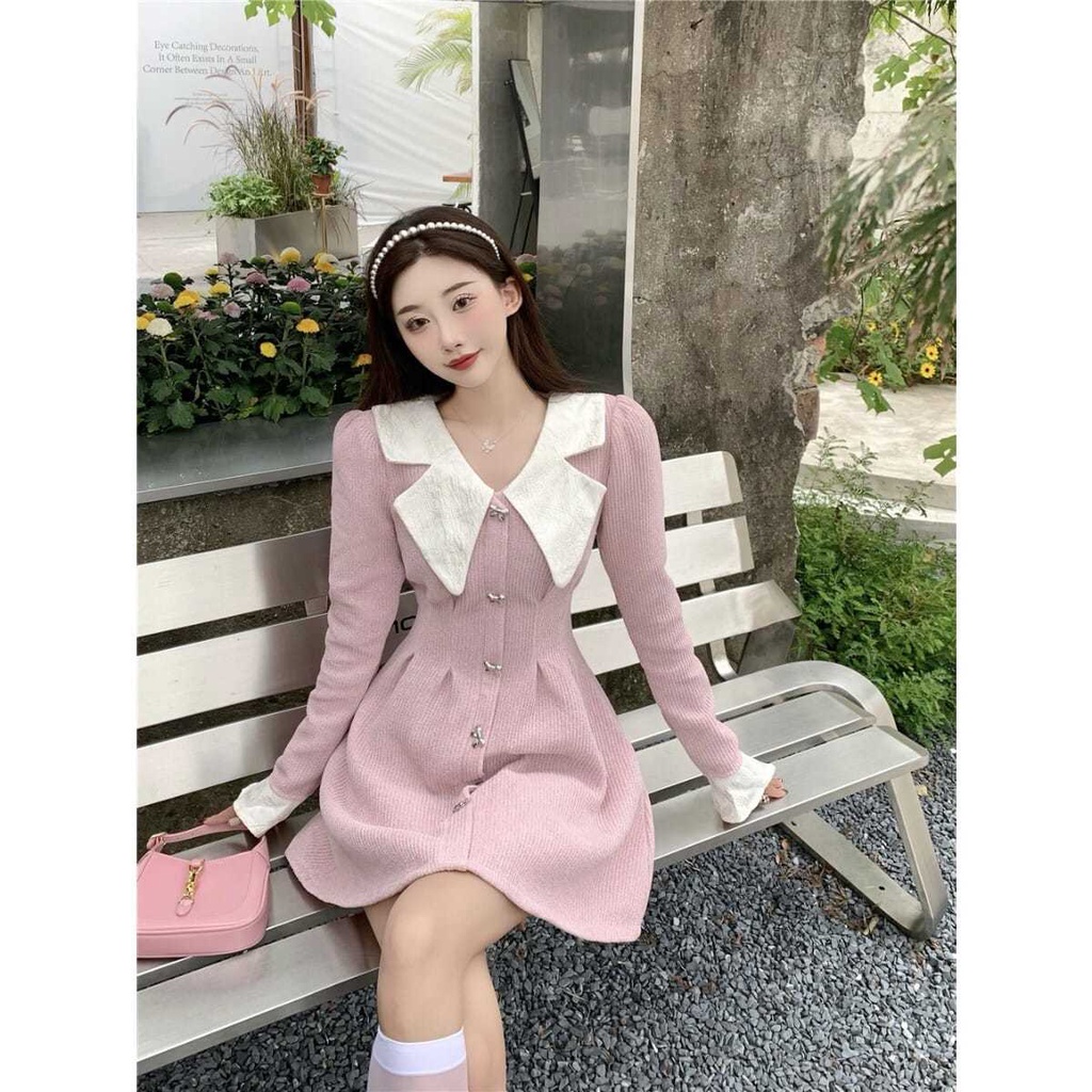 Đầm chữ A tay phồng cổ bẻ cài khuy phong cách retro Pháp thời trang mùa thu cho nữ