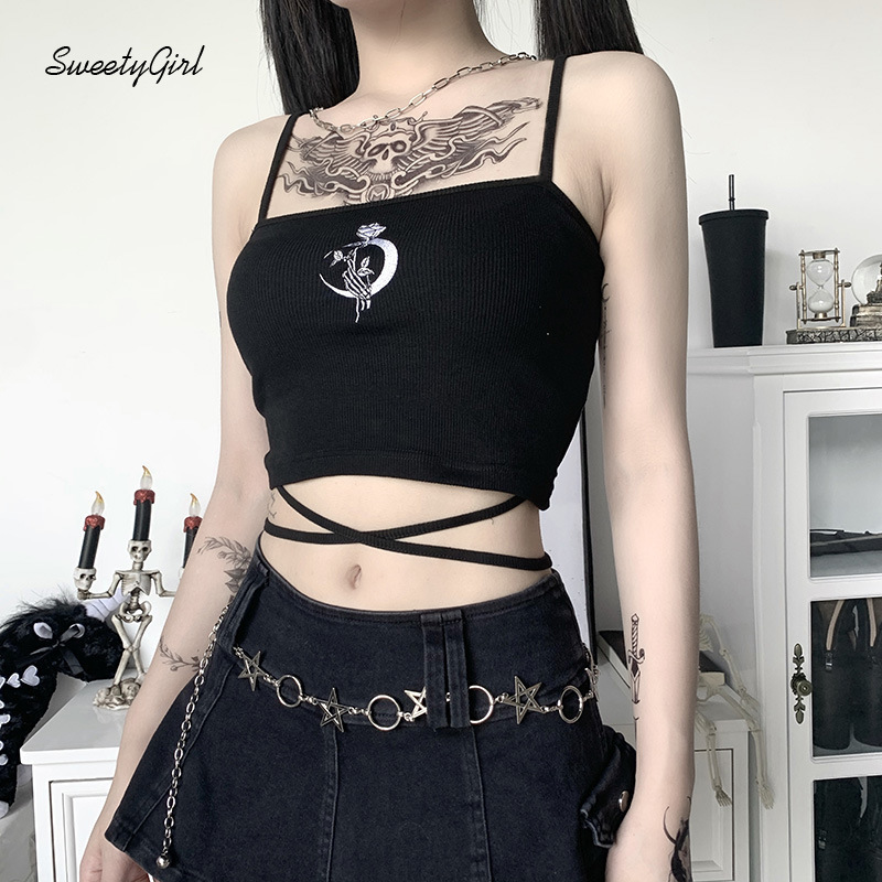 Áo tank top hoạ tiết hoa thêu phong cách punk