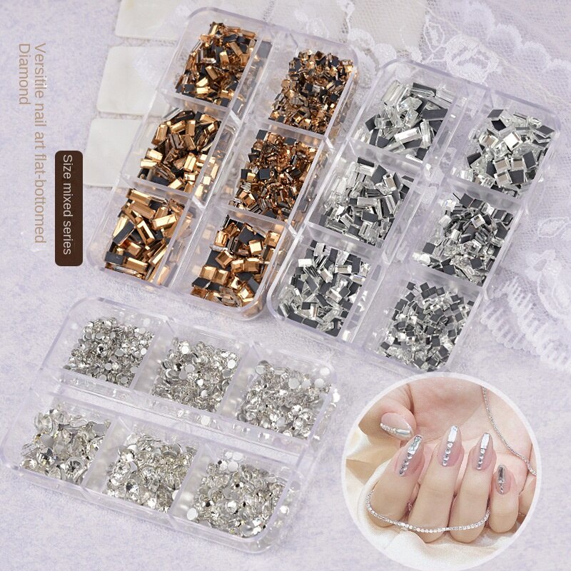 1 hộp / 6 lưới 1000 CÁI Nghệ thuật móng tay kim cương phẳng đáy / Gương siêu sáng bóng Nghệ thuật móng tay kim cương / Nghệ thuật vẽ móng kim cương nhỏ hỗn hợp