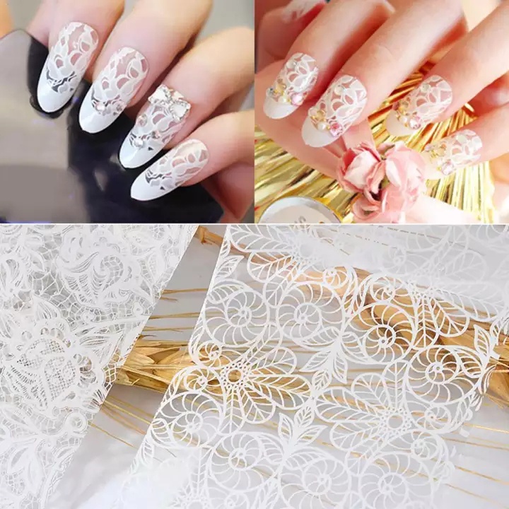 Set 16 miếng dán móng tay chuyển nước bằng giấy ren hoa màu đen trắng tự dính nghệ thuật