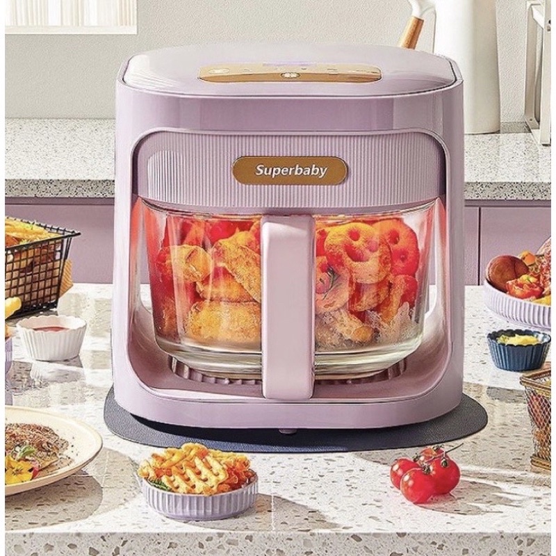 Nồi chiên không dầu khay thuỷ tinh trong suốt SUPERBABY 4.5L  màu tím/xanh bảo hành 12 tháng