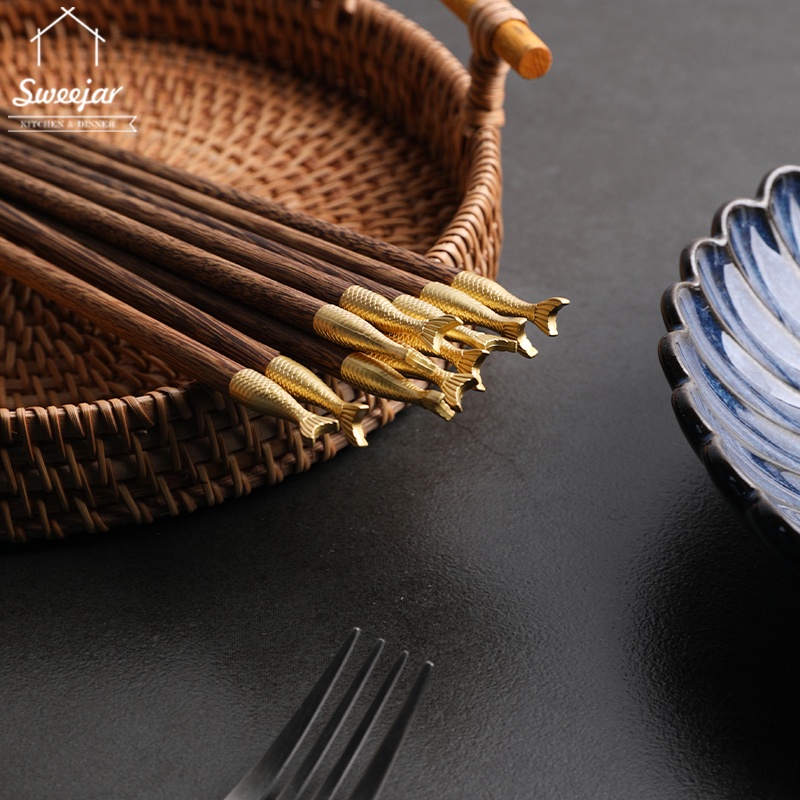 SWEEJAR Set 5 đôi đũa  làm từ gỗ wenge tự nhiên không sơn không chứa sáp 25cm thiết kế đuôi cá phong cách Trung Hoa