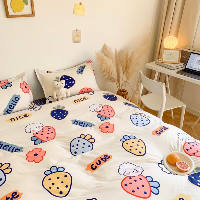 Bộ chăn ga cotton poly Bo Decor chăn ga Hàn Quốc họa tiết Gấu và Thỏ đủ size miễn phí bo chun