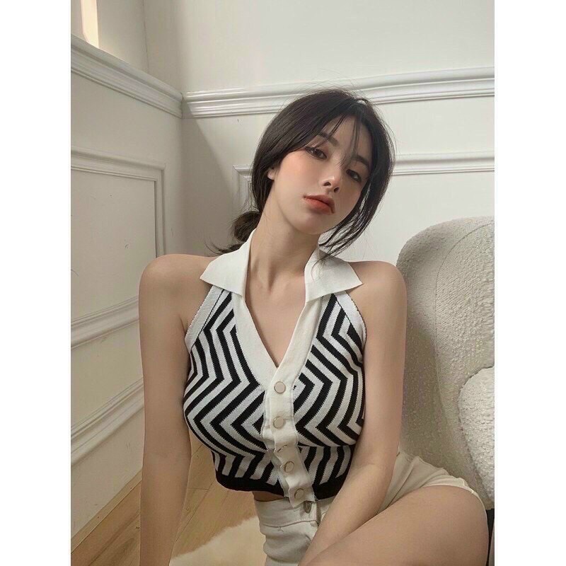 Áo yếm croptop phối sọc cổ bẻ
