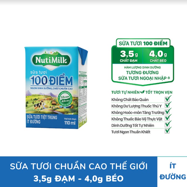 Thùng 48 hộp NutiMilk ST 100 điểm - ST tiệt trùng Ít Đường Hộp 110 ml/hộp