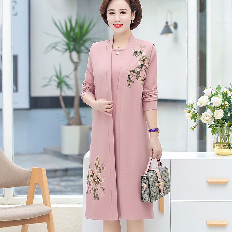 Bộ đồ hai mảnh xuân thu của mẹ, phụ nữ trung niên và cao tuổi, váy dài đến đầu gối