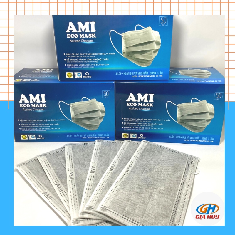Hộp 50 Chiếc Khẩu Trang 4 Lớp Màu Xám Chuẩn Hiệu AMI