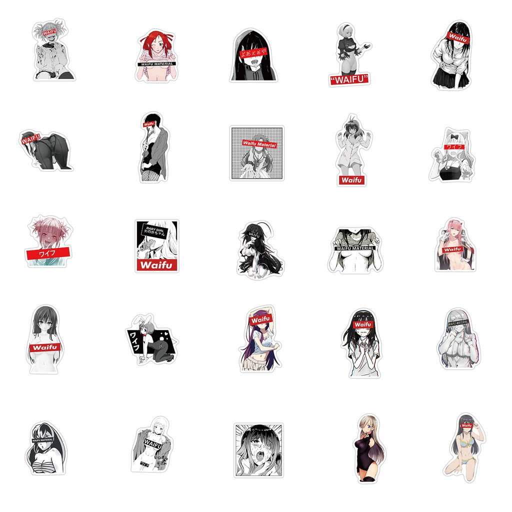 Set 50 miếng sticker dán trang trí hình Waifu xinh xắn