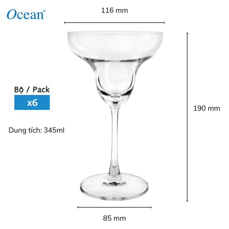 Bộ 6 ly rượu thủy tinh Ocean Madison margarita 345ml - Chính Hãng