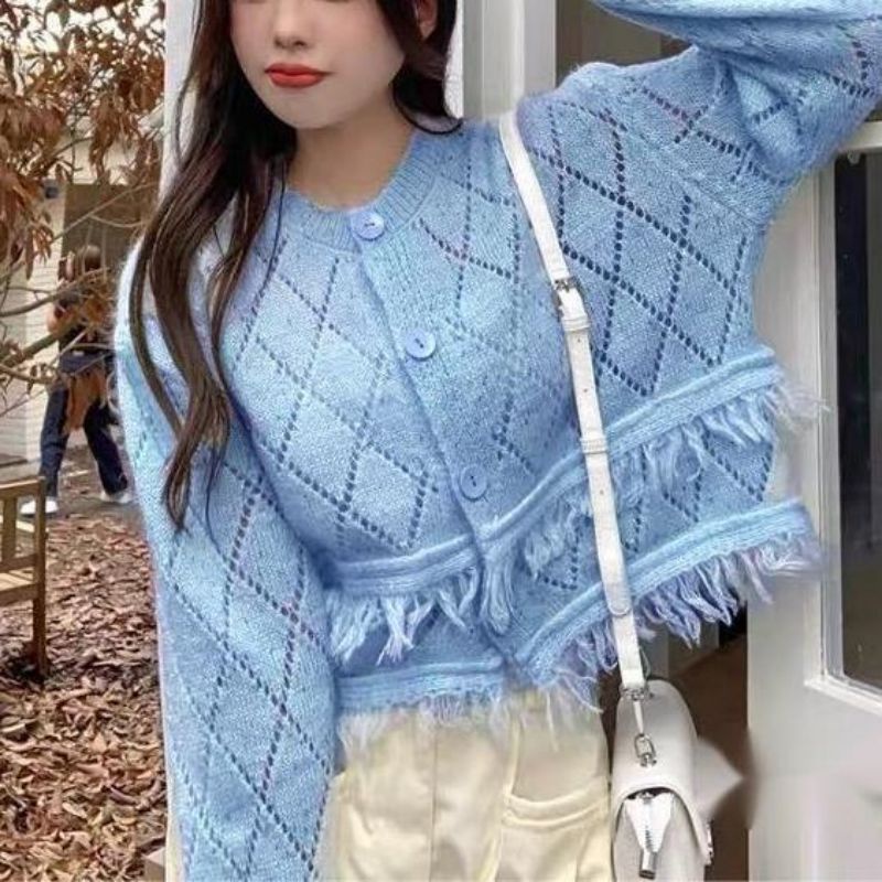 Áo Khoác cardigan Ngắn Khoét Rỗng Nhiều Lớp Thiết Kế Mới Với Cảm Giác Như Thật Áo Len niche Thời Trang Và Áo Khoác