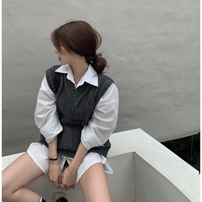 Áo sơ mi trắng dài tay / Áo khoác len không tay thời trang cho nữ | BigBuy360 - bigbuy360.vn