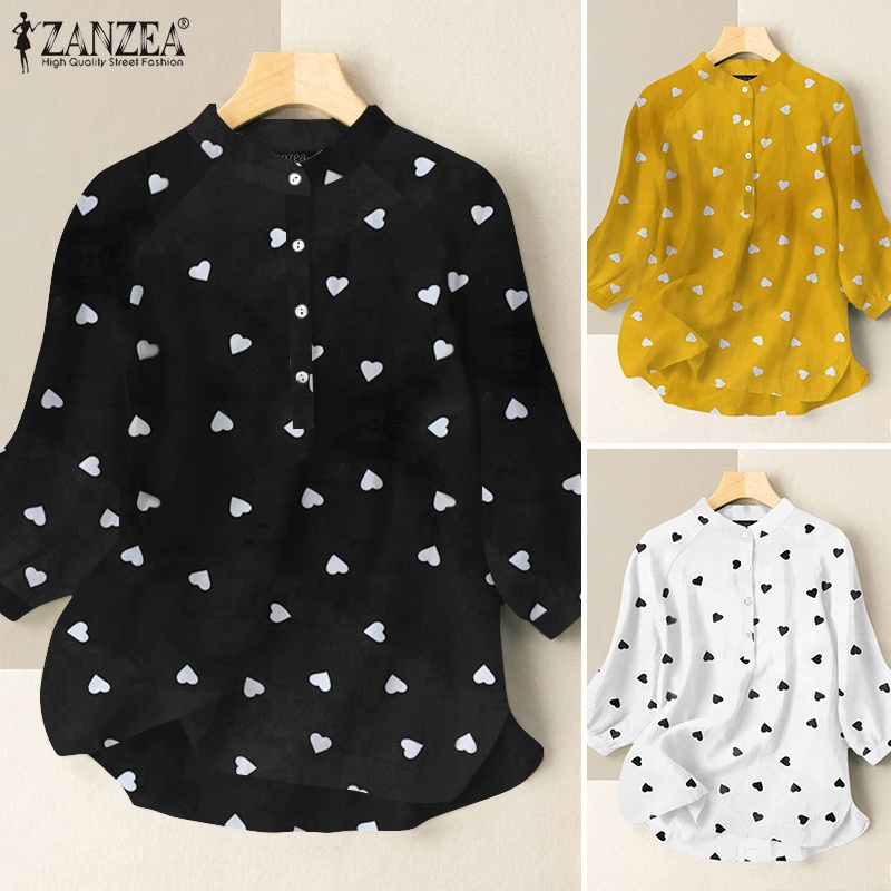 ZANZEA Áo Sơ Mi Cổ Đứng Tay 3/4 Dáng Rộng In Họa Tiết Trái Tim Thời Trang Cho Nữ