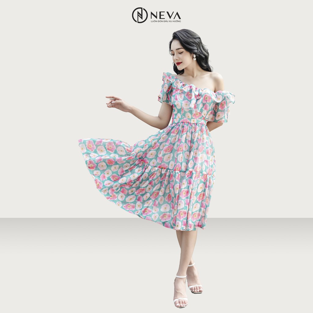Đầm midi NEVA lệch vai in hoa poppy hồng W430296