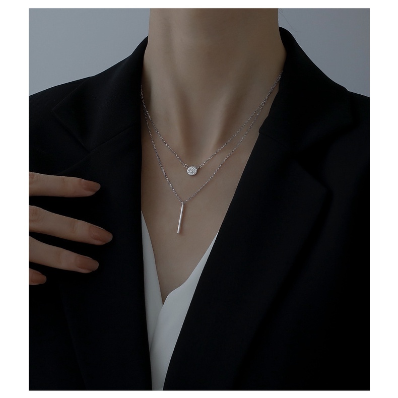 Dây chuyền bạc nữ cao cấp dạng 2 sợi lồng nhau, mặt thanh tròn và thanh đinh