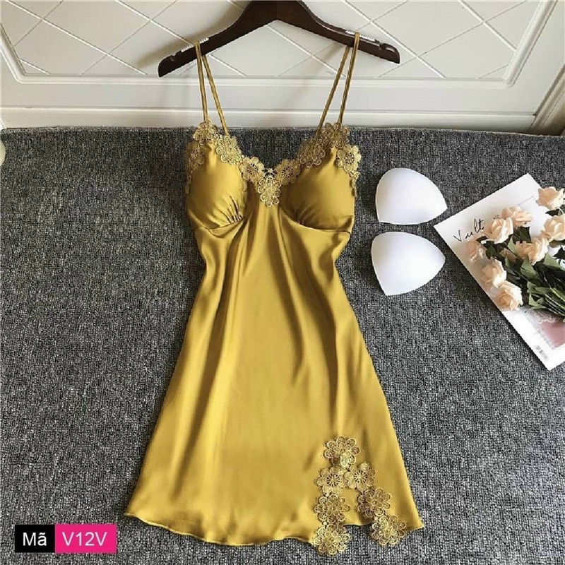 Đầm ngủ viền ren hai dây chất lụa siêu mát, váy ngủ gợi cảm