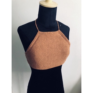 Áo croptop áo yếm len móc handmade nâu tây thắt dây lưng