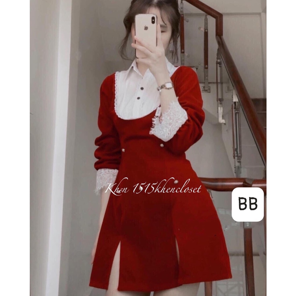 Đầm nhung phối cổ sơ mi